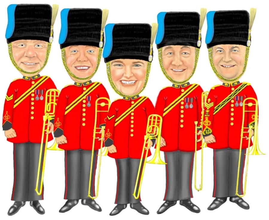 Five caricatures in one - Nottinghamshire Royal Engineers Army band 
